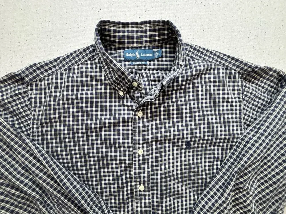 Polo Ralph Lauren Men Button Down Shirt XL Classic Fit Navy Blue Check Plaid LS